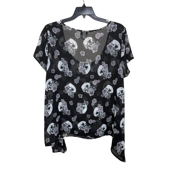 Torrid Black Sheer Skull Purple Rose Print Scoop Neck Top Plus Sz 2 Whimsygoth - Picture 6 of 7